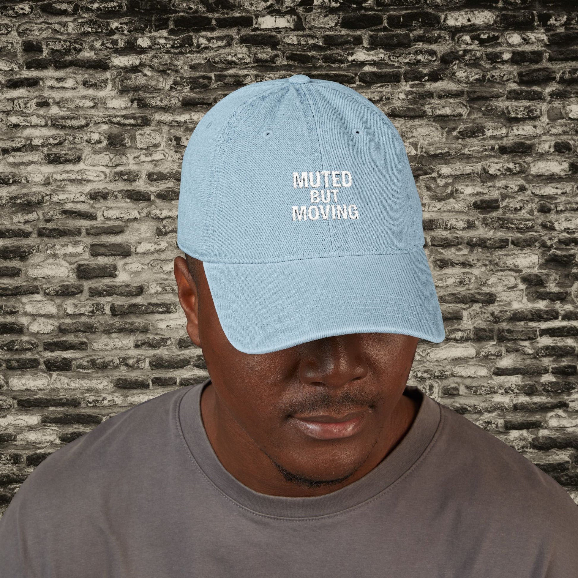 Muted But Moving Hat – Minimalist Denim Embroidered Cap Printify