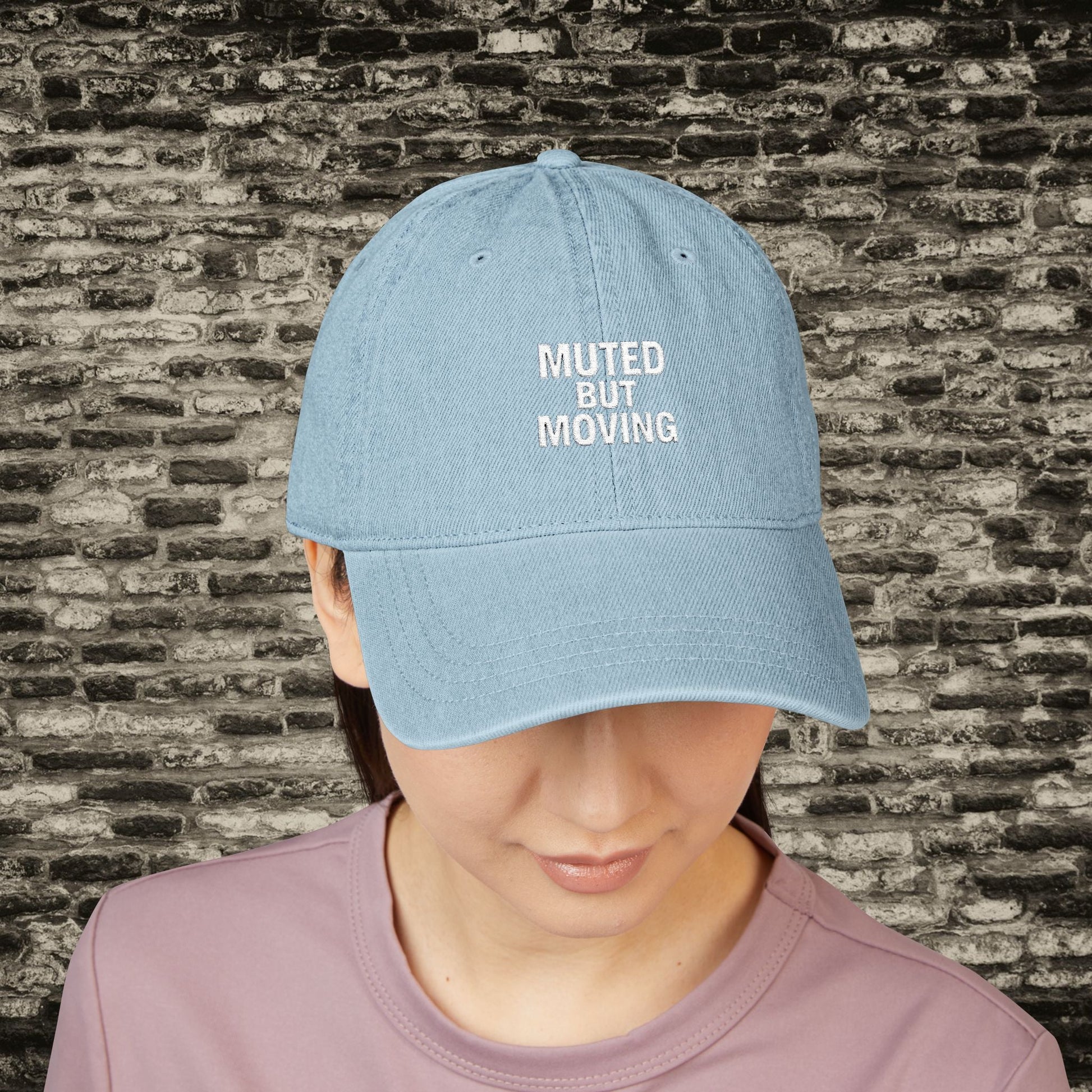 Muted But Moving Hat – Minimalist Denim Embroidered Cap Printify